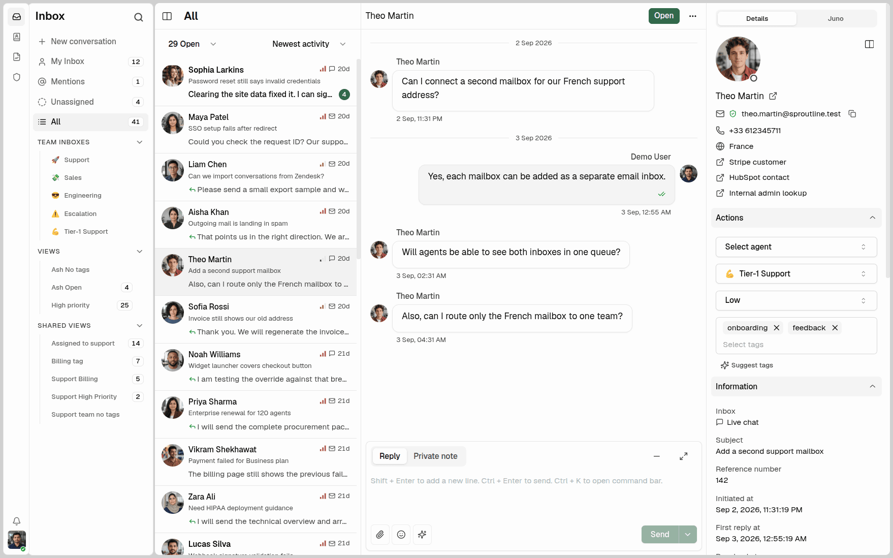 libredesk inbox showing customer conversations
