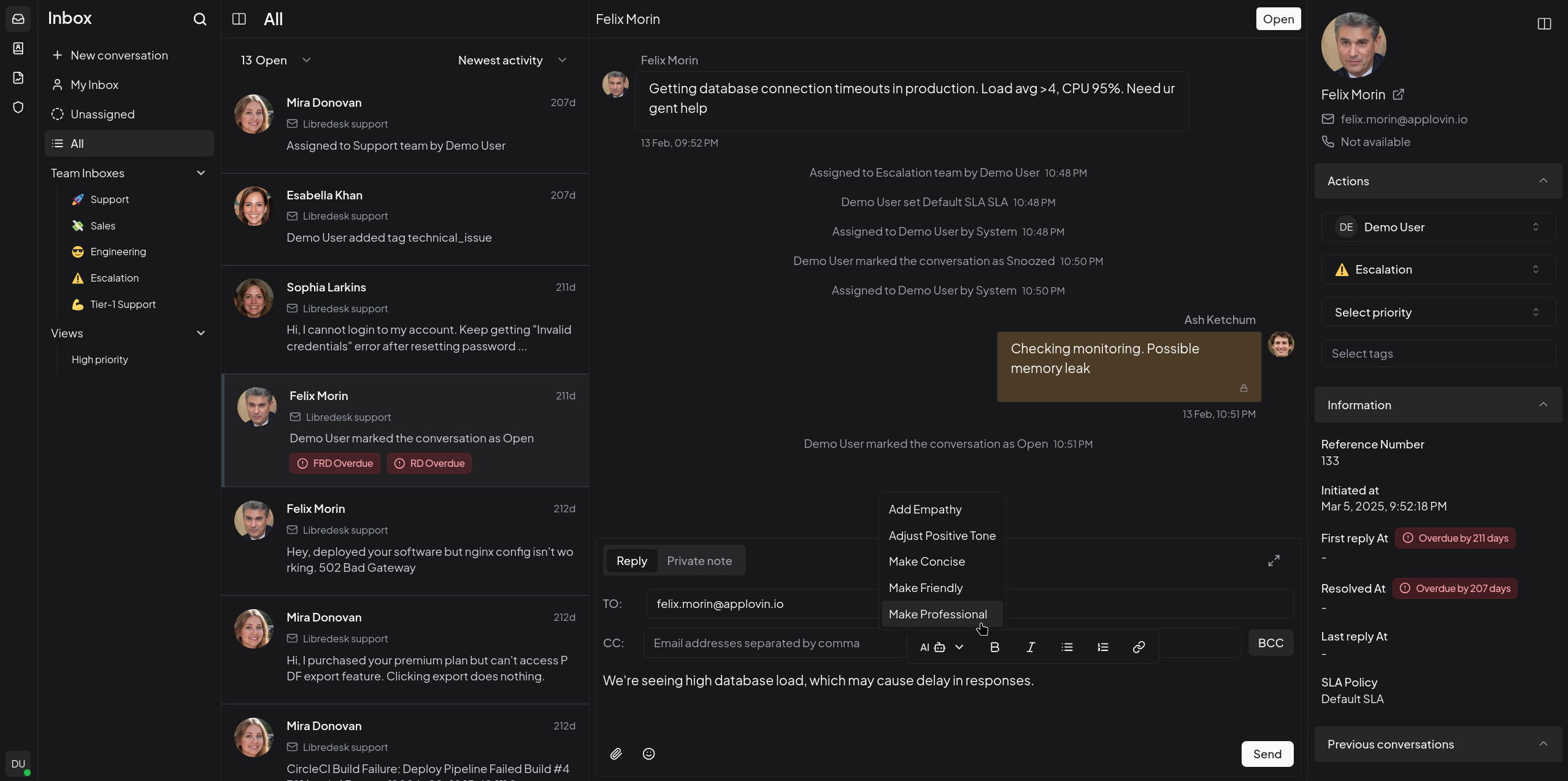 Libredesk customer support dashboard interface showing inbox, conversation management, and team collaboration features